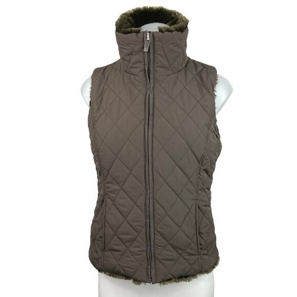WeatherProof Reversible Green Fur Quilted Puffer High Neck Vest Jacket Coat Sz S - Picture 1 of 5